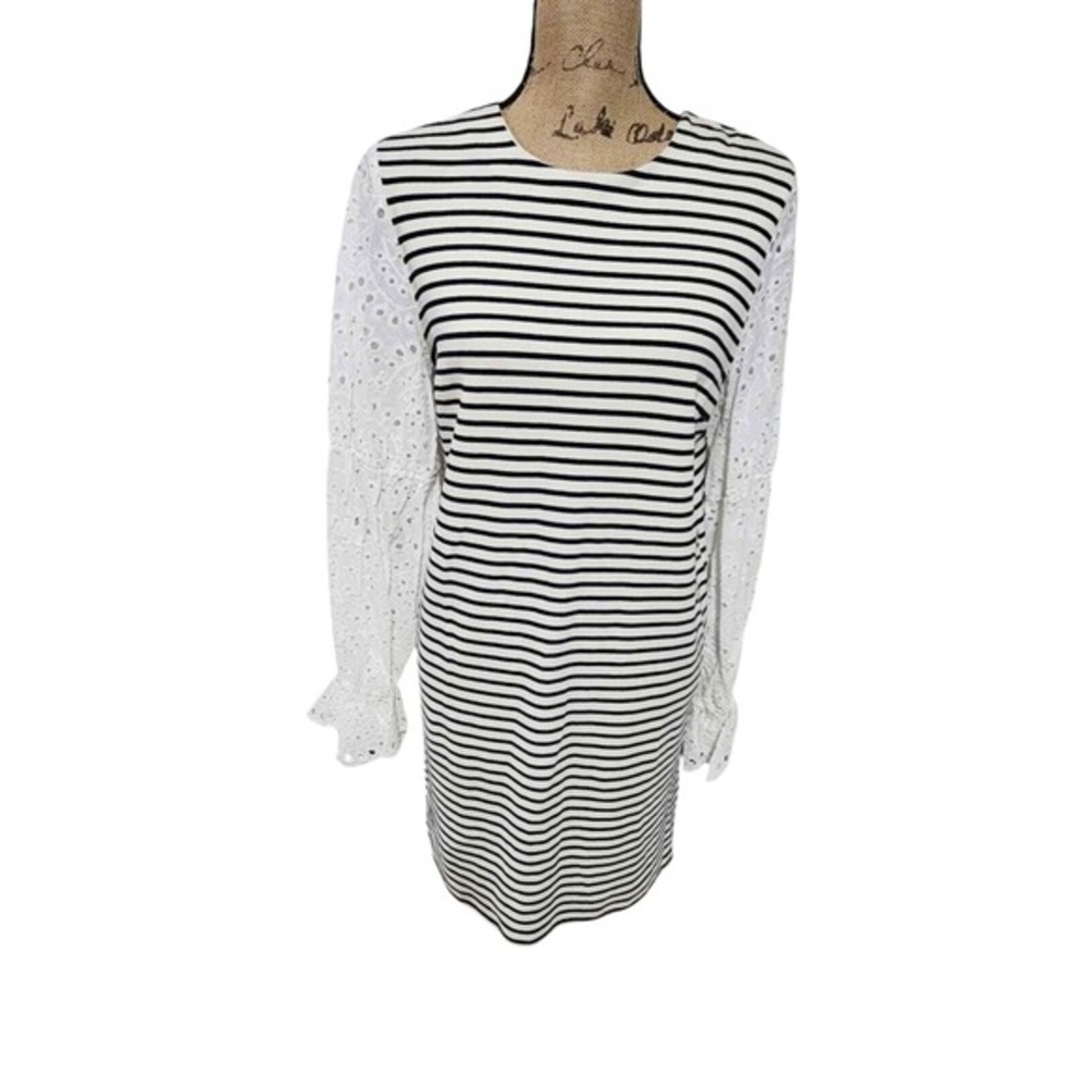 English Factory black and white striped knit dress with eyelet long sleeves Med